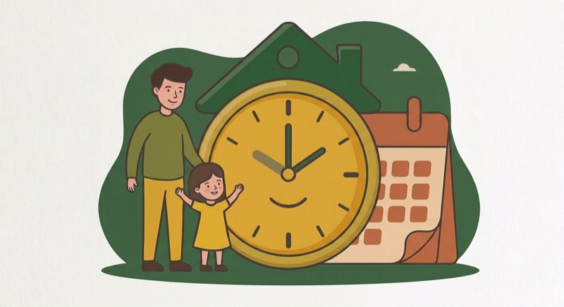 Illustration of a parent and child beside a smiling clock and a calendar